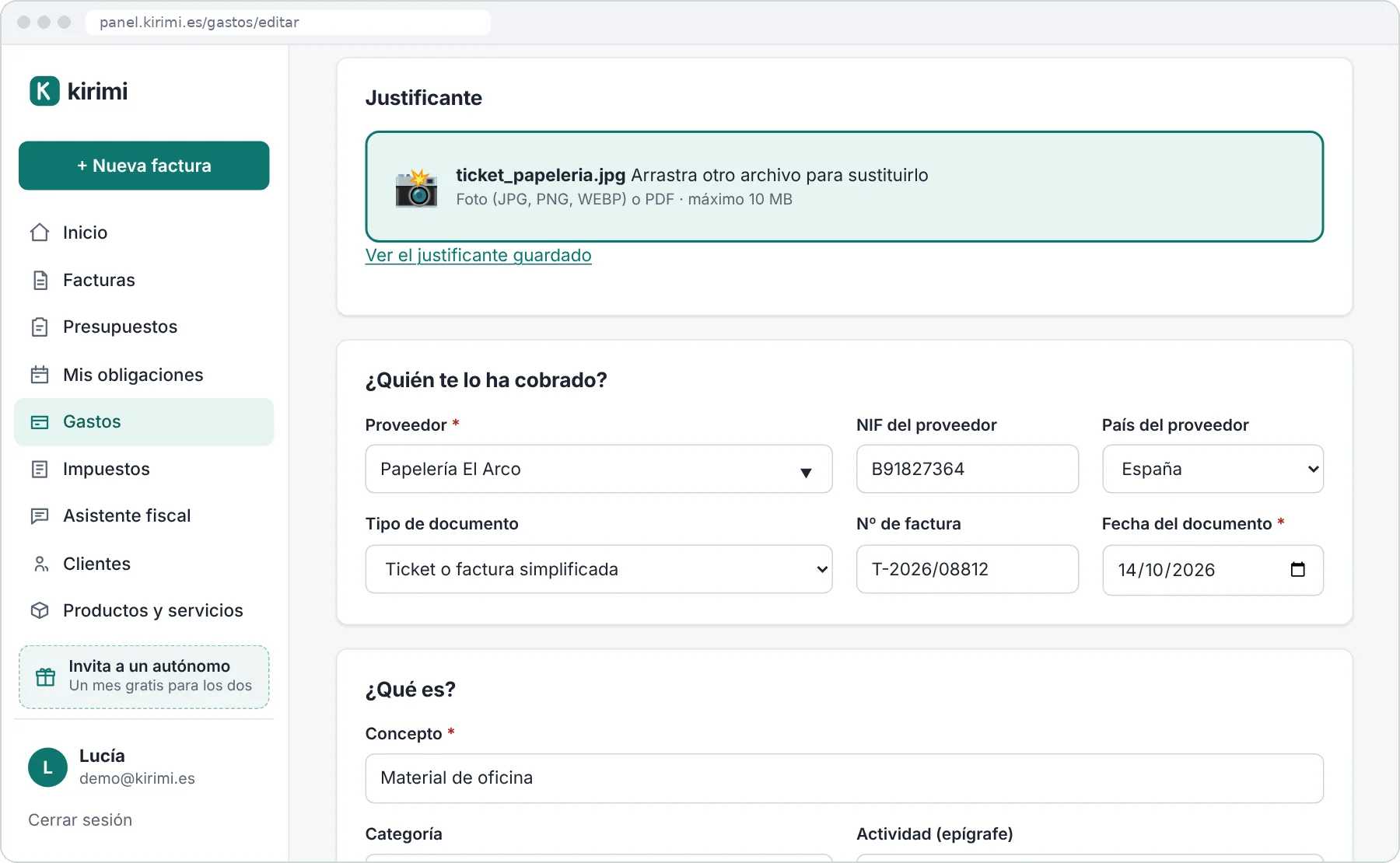Gasto de un ticket en Kirimi con el justificante guardado y el proveedor, el NIF, el número y la fecha rellenos