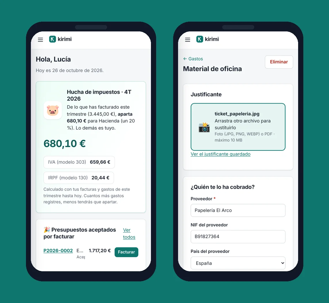 Kirimi en el móvil: la hucha de impuestos del trimestre y un gasto con su ticket guardado