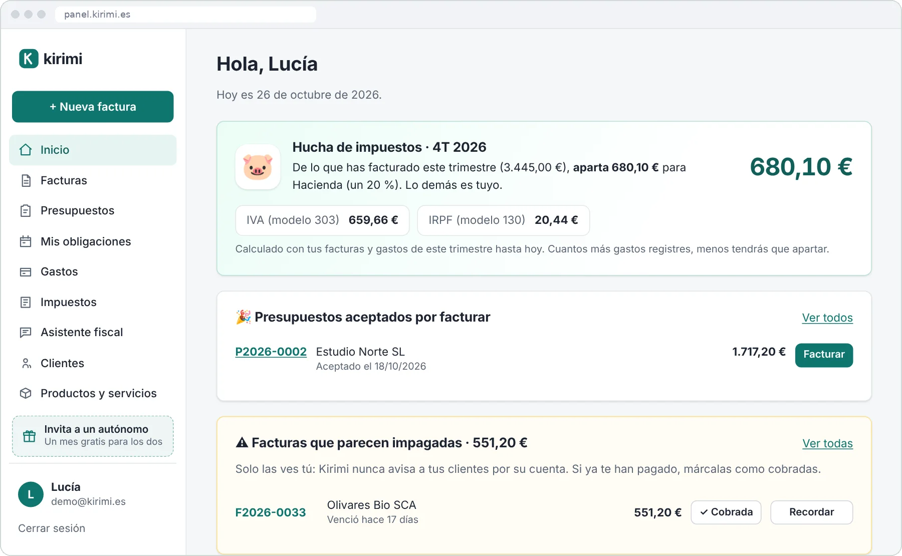 Inicio de Kirimi: la hucha de impuestos del trimestre con el IVA y el IRPF a apartar, los presupuestos aceptados por facturar y las facturas pendientes de cobro